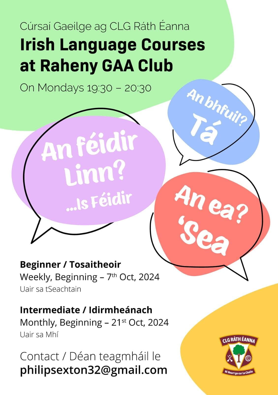 Cúrsaí Gaeilge ag CLG Ráth Éanna